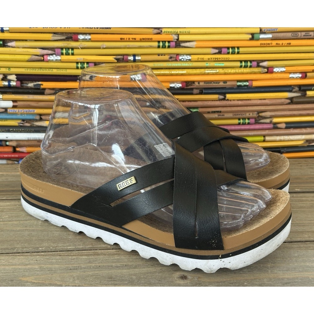 REEF Vista High Platform Sandals Cork Comfort Women's Sz 9 Black Leather